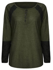 Army green henley tee with button placket and striped raglan sleeves.