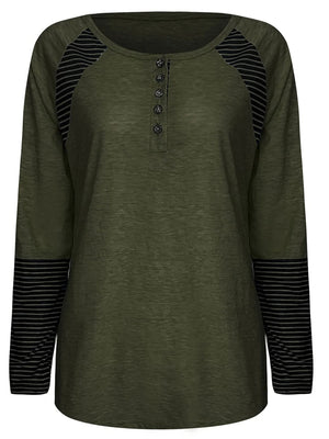 Army green henley tee with button placket and striped raglan sleeves.