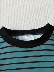 Striped baby t-shirt with black trim and crew neck, made of cotton.