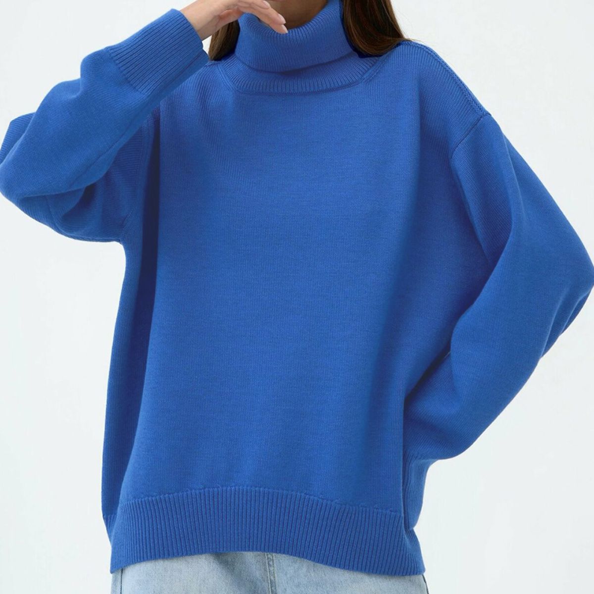Royal Blue relaxed roll-neck sweater with boxy fit and ribbed cuffs and hem.
