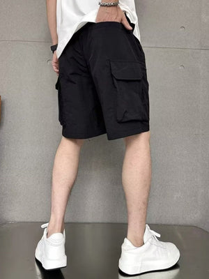 Men's black lightweight multi-pocket cargo shorts with adjustable waist.