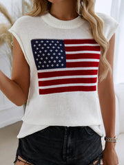 White knit vest with an American flag graphic and red and white stripes.