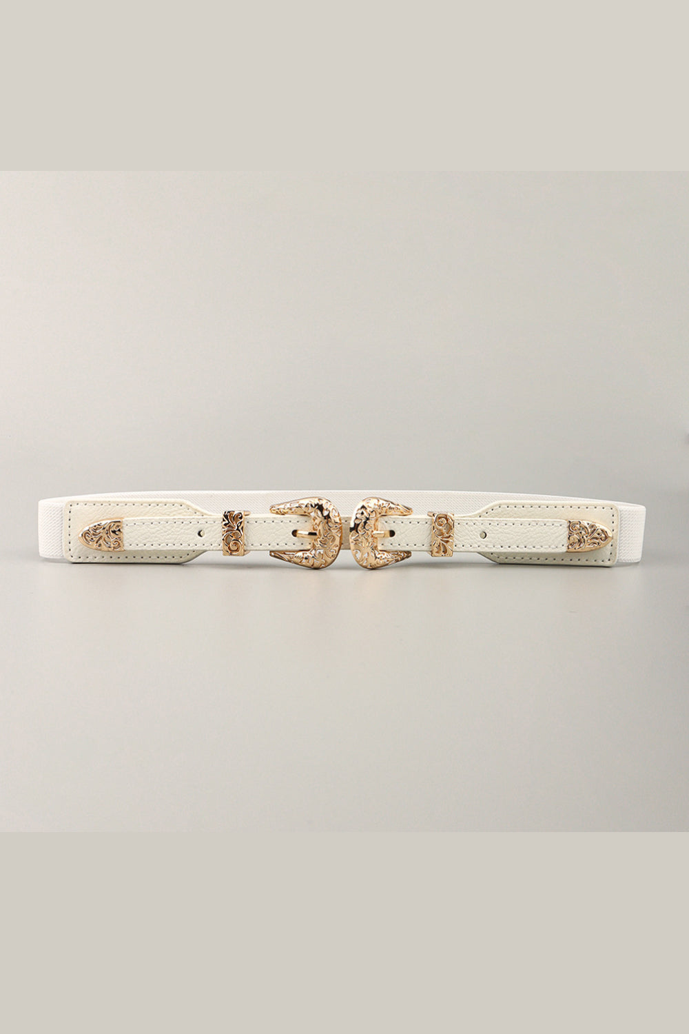 White elastic belt with double western buckle and gold alloy details