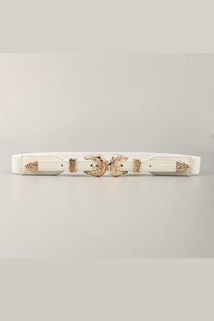 White elastic belt with double western buckle and gold alloy details