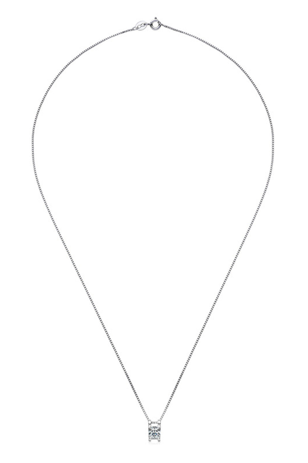 Silver chain necklace with a cubic zirconia prismatic cube pendant.