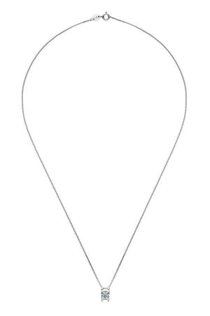 Silver chain necklace with a cubic zirconia prismatic cube pendant.