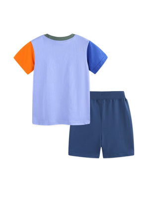Toddler color block t-shirt and shorts set in cotton, featuring blue, purple, orange, and green.