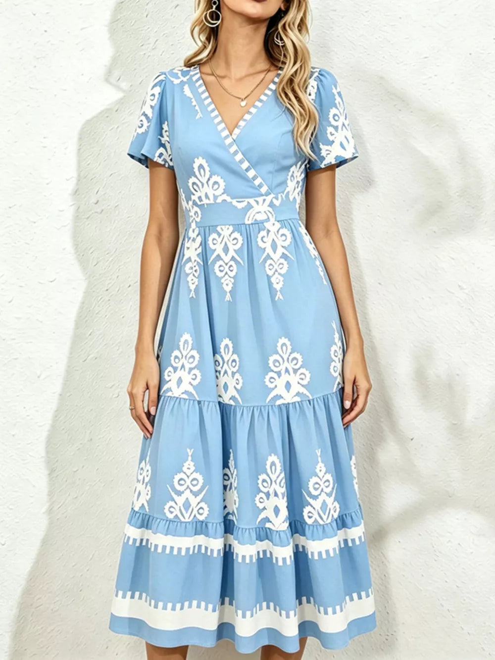 Printed Surplice Short Sleeve Dress in Blue, model styling view