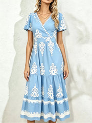 Printed Surplice Short Sleeve Dress in Blue, model styling view