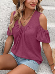 Burgundy ruched cold shoulder t-shirt with V-neck and short ruffled sleeves.