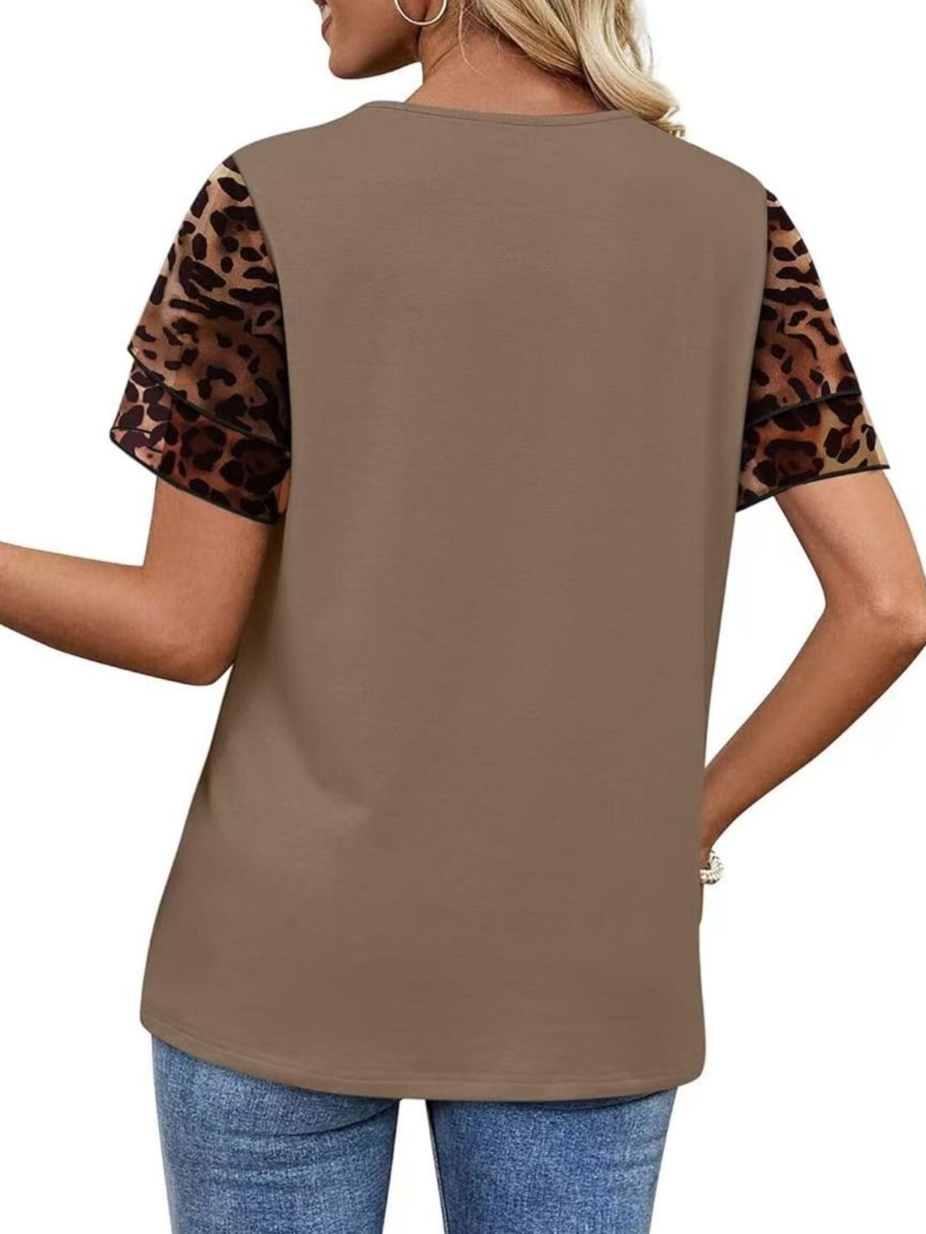 Brown t-shirt with layered leopard print short sleeves and ruffled detail.