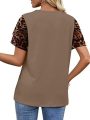 Brown t-shirt with layered leopard print short sleeves and ruffled detail.