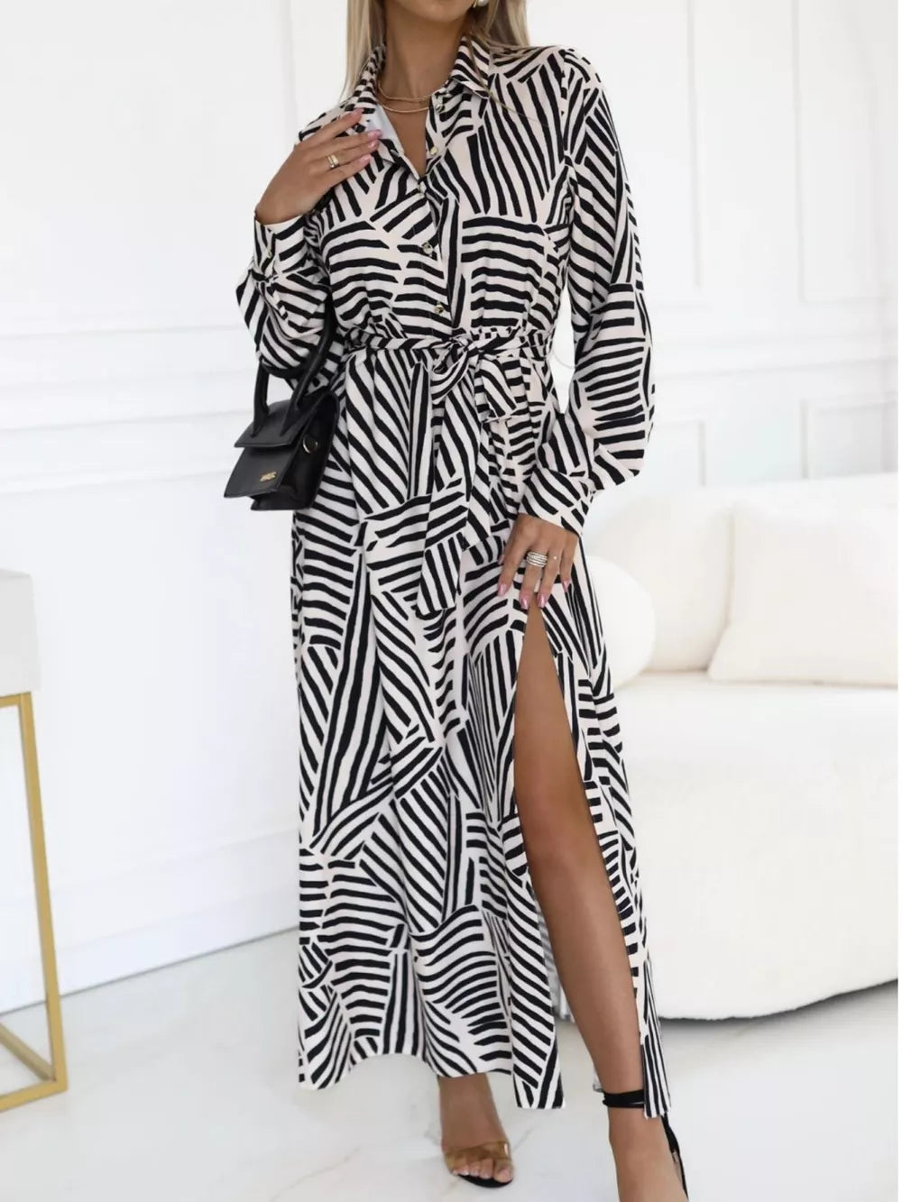 Geometric Print Belted Maxi Shirt Dress in Zebra, side view