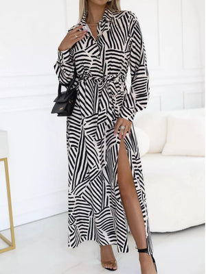 Geometric Print Belted Maxi Shirt Dress in Zebra, side view