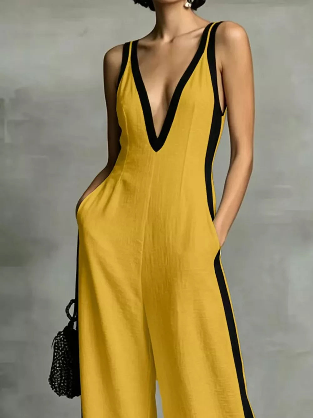 Yellow wide-leg jumpsuit with deep V-neck and black contrast trim.