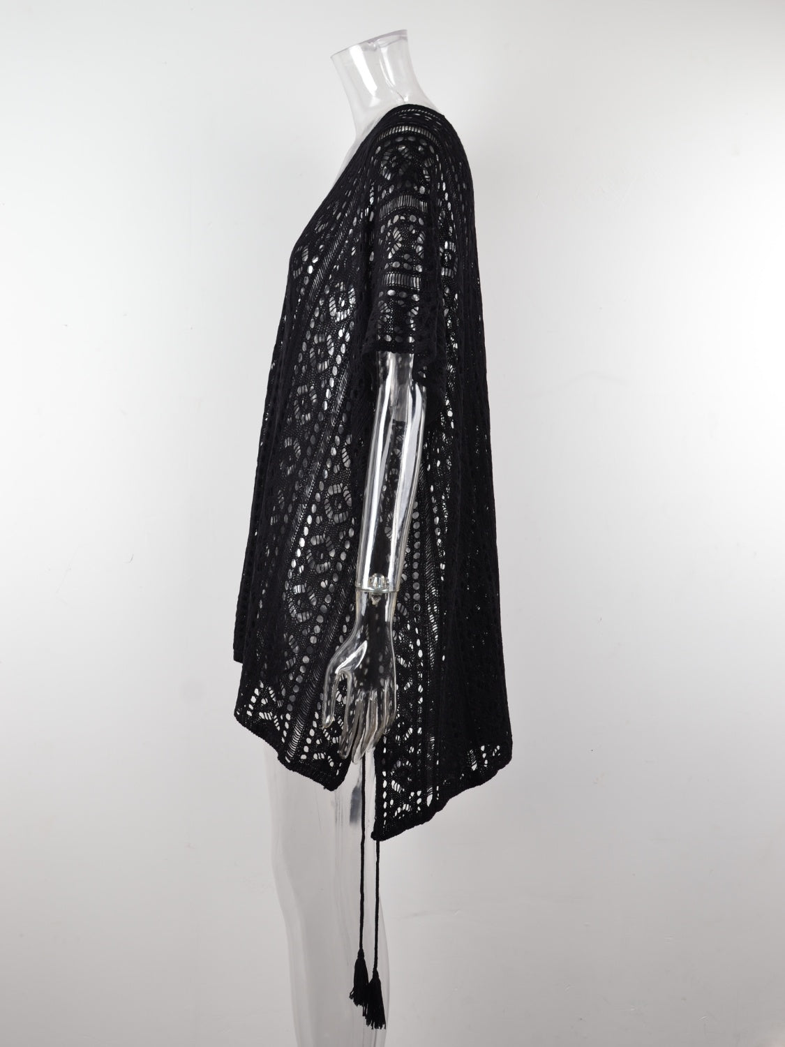 Black open-knit V-neck beach cover-up with tassel tie detail