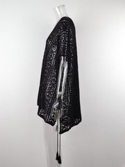 Black open-knit V-neck beach cover-up with tassel tie detail