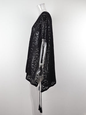 Black open-knit V-neck beach cover-up with tassel tie detail