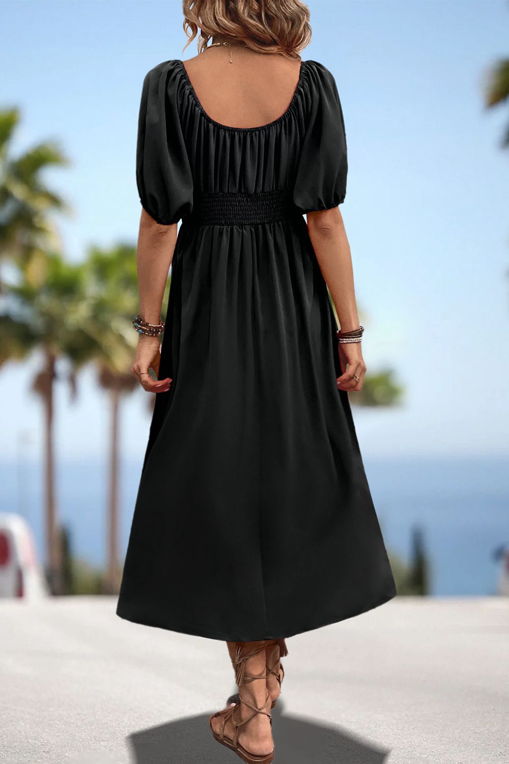 Black off-shoulder puff sleeve empire midi dress with smocked waist