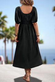 Black off-shoulder puff sleeve empire midi dress with smocked waist