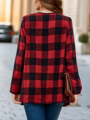 Red and black buffalo plaid jacket with a draped front detail.