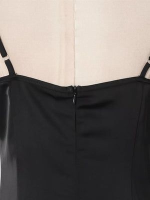 Spaghetti Strap Ruffle Slit Maxi Dress in Black, editorial view