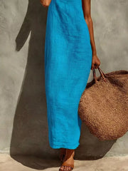 Blue linen-blend maxi dress with a relaxed fit, sleeveless, and round neck.
