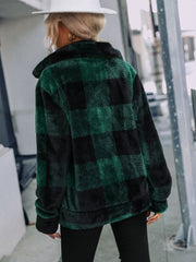 Green and black plaid sherpa zip-up jacket with a collared neckline.