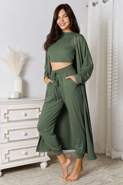Army green loungewear set with crop top, open cardigan, and drawstring pants