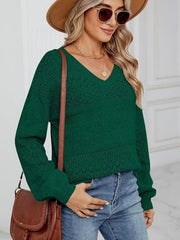 Diamond Eyelet Knit V-Neck Sweater in Peacock Blue with long sleeves and a relaxed fit.