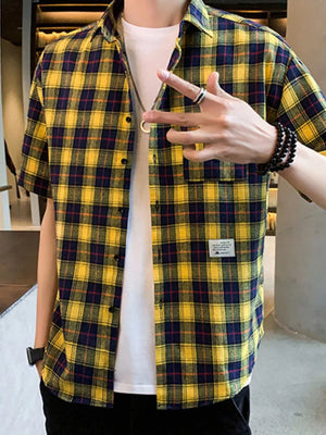 Yellow plaid short sleeve button-down shirt with chest pocket, cotton blend