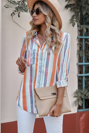 Coastal Stripe Button-Down Blouse in orange and blue stripes, with a collared neckline and button front.