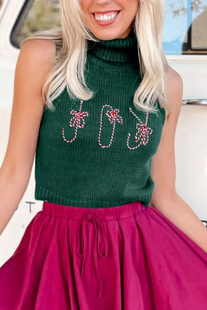 Festive Candy Cane Embroidered Turtleneck Sweater Vest in Dark Green, close-up detail