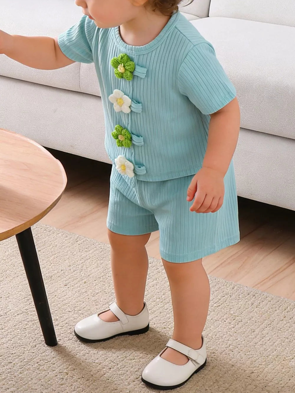 Children's Ribbed Knit Flower Top And Shorts Set in Green, front view