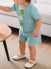 Children's Ribbed Knit Flower Top And Shorts Set in Green, front view