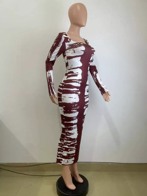 Wine red and white tie-dye maxi dress with long sleeves and square neckline