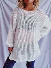White open-knit slouchy boatneck sweater with long sleeves.