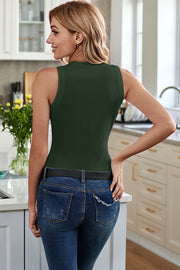 Dark Green ribbed knit scoop neck tank top with a fitted silhouette.