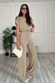 Tan relaxed fit tee and wide leg pants set with drawstring waist.