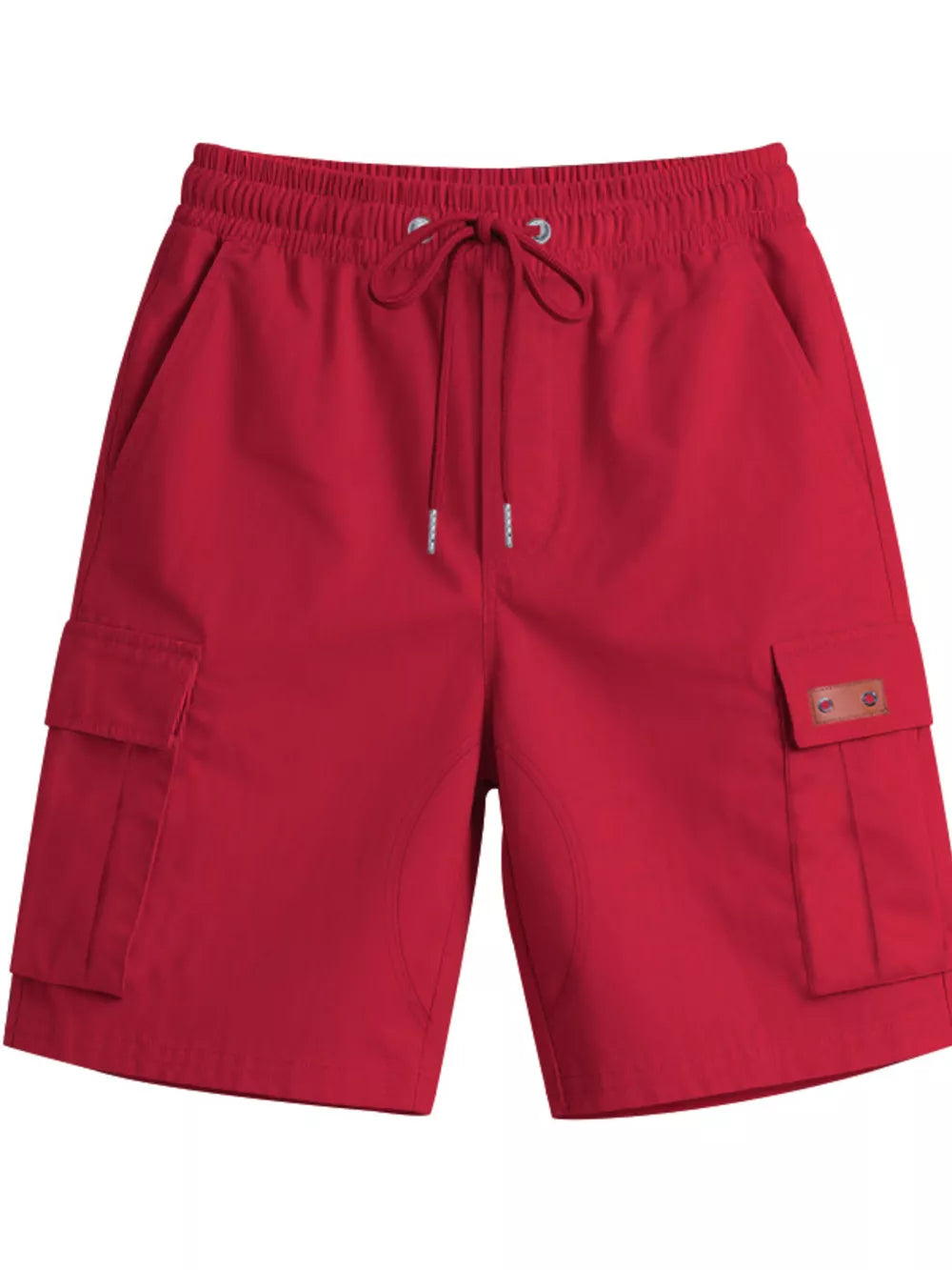 Deep red cargo shorts with adjustable drawstring waist and cargo pockets.
