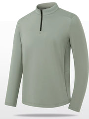 Plus-size sage green quarter-zip sweatshirt with a black zipper and stand-up collar.