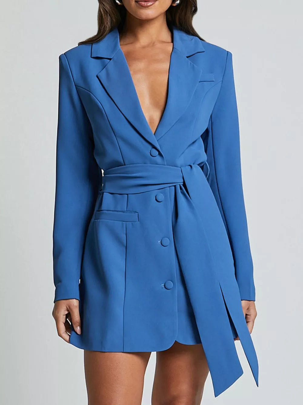 Royal blue belted blazer dress with button front and tie waist