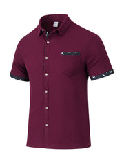 Burgundy waffle textured button-up shirt with bird print accents on pocket and sleeves.