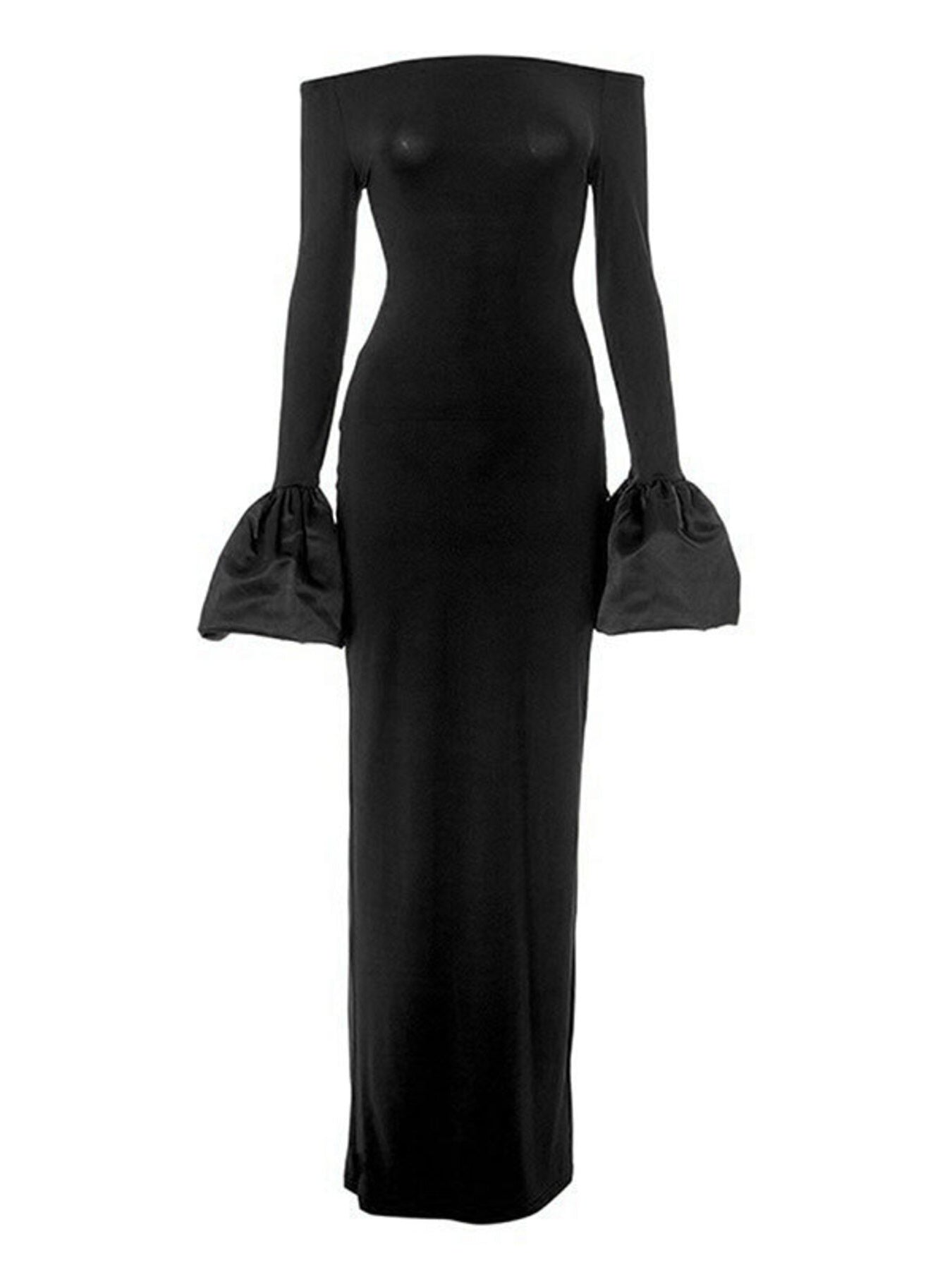 Black off-shoulder maxi dress with dramatic satin bell sleeves.
