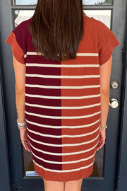 Colorblock ribbed mini dress with short sleeves and horizontal stripes in burgundy and terracotta.