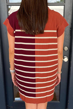 Colorblock ribbed mini dress with short sleeves and horizontal stripes in burgundy and terracotta.