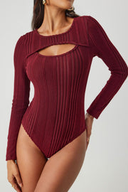 Deep Red ribbed keyhole long sleeve bodysuit with a sheer panel.