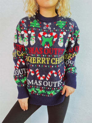 Dark blue acrylic knit sweater with Christmas graphic, text, snowmen, trees, and candy canes.