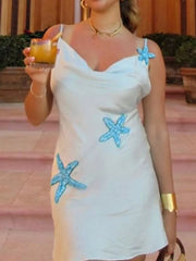 Cowl Neck Mini Dress With Starfish Accents