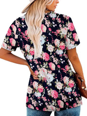 Floral ruched v-neck t-shirt in black with pink and white flowers, short sleeves.